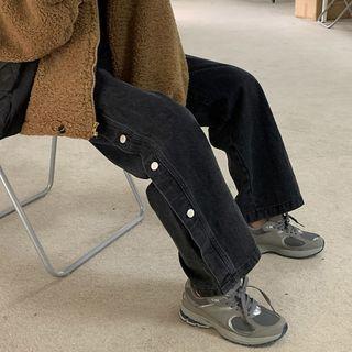 Side Buttoned Fleece-lined Wide Leg Jeans