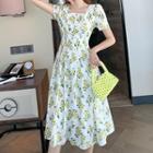 Lemon Print Short-sleeve Midi A-line Dress