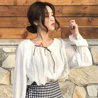 Shirred Bow Linen Cotton Blouse