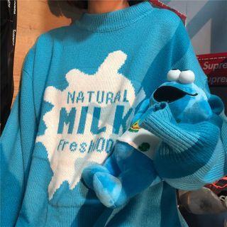 Lettering Mock-neck Sweater Sky Blue - One Size