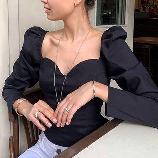 Bell-sleeve V-neck Plain Blouse