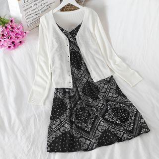 Plain Cardigan / Spaghetti Strap Paisley Print Midi A-line Dress