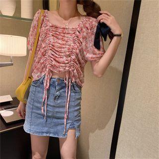 Short-sleeve Floral Print Drawstring Blouse Red - One Size