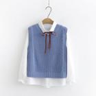 Set: Long-sleeve Shirt + Slit-side Knit Vest