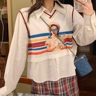 Mock Two-piece Print Tank Top Long-sleeve T-shirt White - One Size