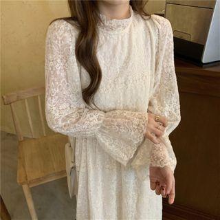 Long-sleeve Midi A-line Lace Dress / Cardigan