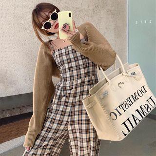 Spaghetti Strap Plaid Jumpsuit / Cropped Cardigan