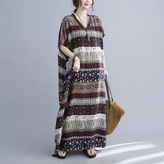 Batwing-sleeve Patterned Midi A-line Dress Black & White & Red - One Size