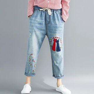 Cat Applique Washed Jeans