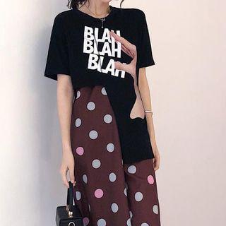 Lettering Short-sleeve Asymmetric T-shirt / Polka Dot Strappy Midi Dress
