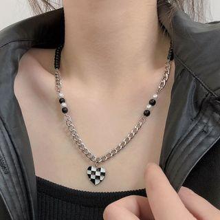 Heart Checker Pendant Stainless Steel Necklace Black & White Heart - Silver - One Size