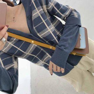Plaid Panel Cardigan Plaid - Cobalt Blue - One Size
