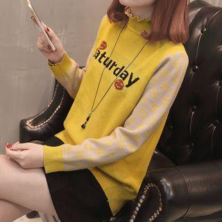 Lettering Mock Neck Long Sleeve Knit Top