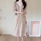 Puff-sleeve Lace-trim Long Floral Dress
