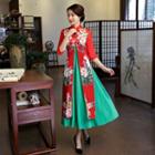 Set: Plain Midi Tank Dress + Floral Print Elbow Sleeve Mandarin Collar Coat