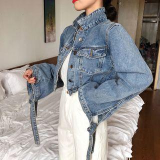 Tie-cuff Crop Denim Jacket Blue - One Size