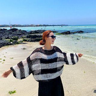 Drop-shoulder Color-block Open Knit Top