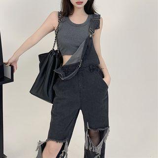 Tank Top / Distressed Denim Dungaree Pants