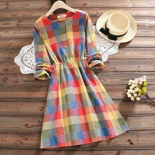 Long-sleeve Checkered Midi A-line Dress