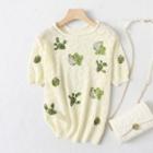 Short-sleeve Embroidered Knit Top Beige - One Size