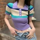 Short-sleeve Collar Color Block Cropped T-shirt