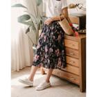 Pleated Floral Long Chiffon Skirt