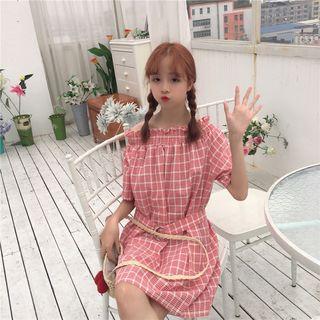 Short-sleeve Off-shoulder Frilled Plaid A-line Dress With Belt