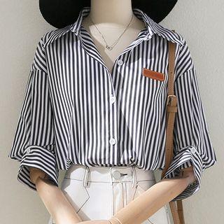 Elbow-sleeve Lapel Striped Shirt