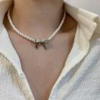 Bow Alloy Faux Pearl Choker 42 + 3.5cm - White & Silver - One Size