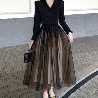 Plain Cropped Blazer / Mesh Midi A-line Skirt