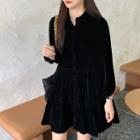 Puff-sleeve Velvet A-line Dress Black - One Size