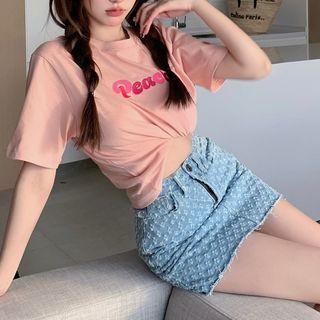 Short-sleeve Lettering Print T-shirt / Textured Denim Mini Pencil Skirt