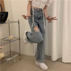 Heart Distressed Wide-leg Jeans