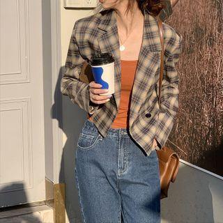 Cropped Double-breasted Plaid Blazer