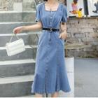 Short-sleeve Ruffled Denim A-line Dress