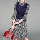 Set: Printed 3/4-sleeve Dress + Faux Suede Sleeveless Top