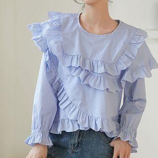 Plain Striped Ruffled-trim Long-sleeve Top