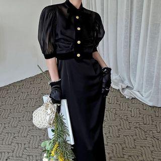 Puff Sleeve Bow Neck Blouse / Midi Pencil Skirt