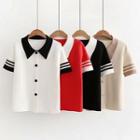 Two-tone Short-sleeve Collar Buttoned Knit Top