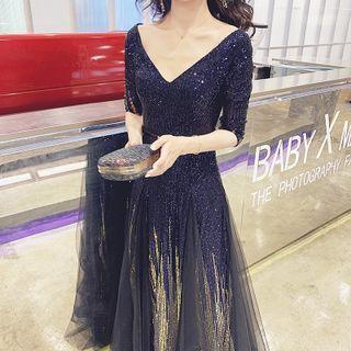 Sequined Mesh A-line Evening Gown