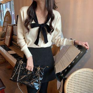 Long-sleeve Collared Bow Cardigan Almond - One Size