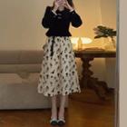 Long-sleeve Velvet Top / Floral Print Midi A-line Skirt