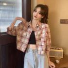 Lapel Plaid Short-sleeve Cropped Jacket