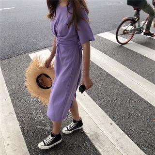 Embroidered Short-sleeve Tie-back T-shirt Dress
