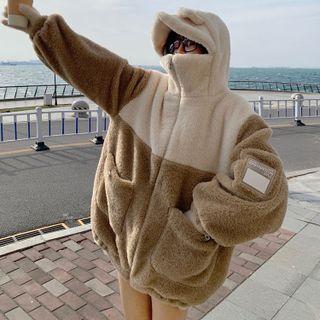 Two-tone Hooded Fleece Jacket White & Brown - One Size