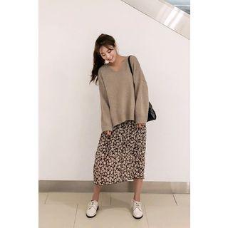 Floral Chiffon H-line Long Skirt Brown - One Size