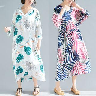 Leaf Print Long-sleeve Midi Dress
