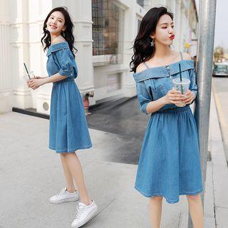 Off Shoulder 3/4 Sleeve Denim Dress
