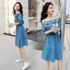 Off Shoulder 3/4 Sleeve Denim Dress