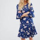 3/4-sleeve Floral Ruffle Dress
